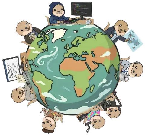 Illustrated globe with people collaborating around the world